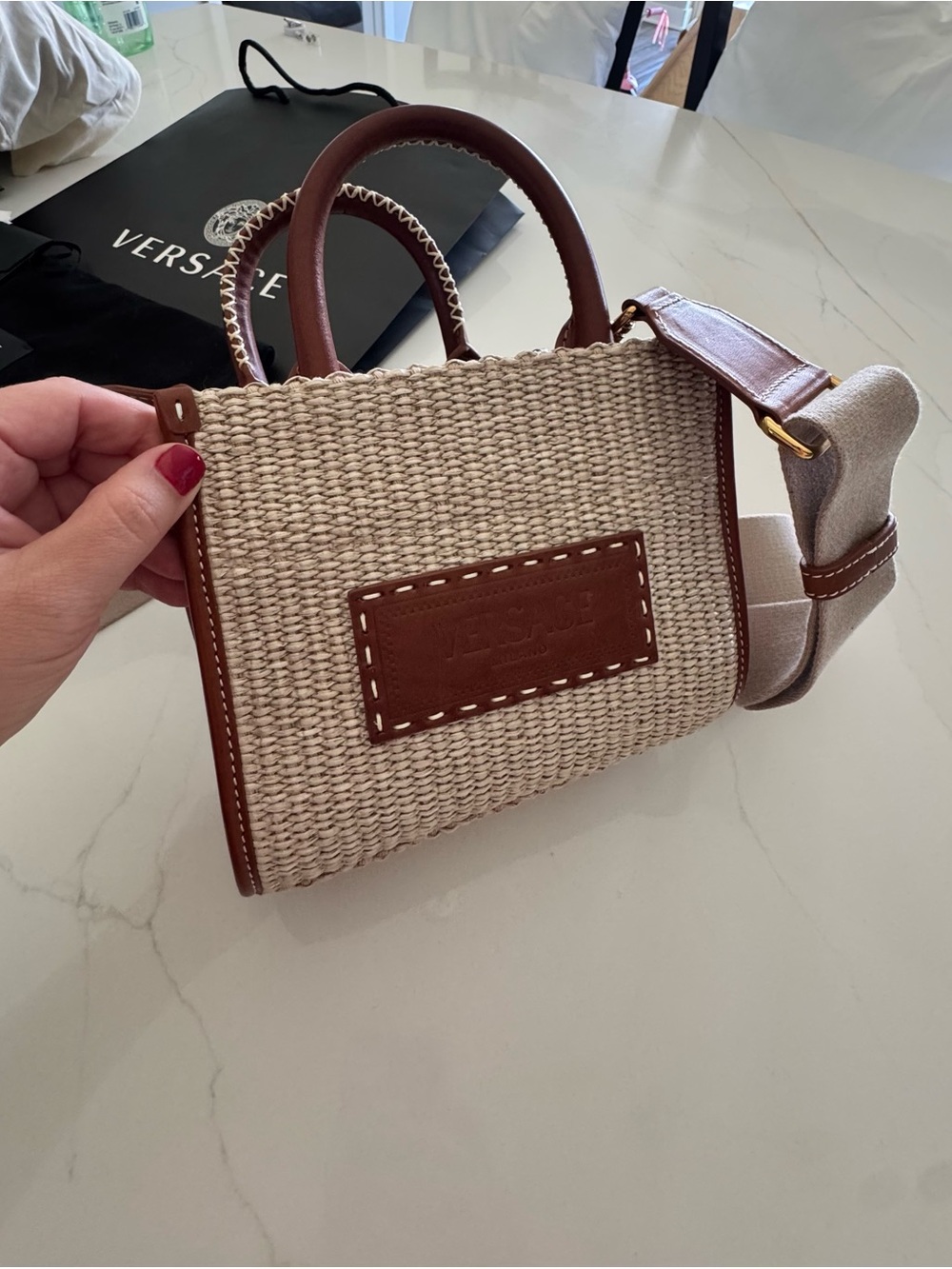 Versace Beige Straw Mini Tote with removable Crossbody strap with OG receipt